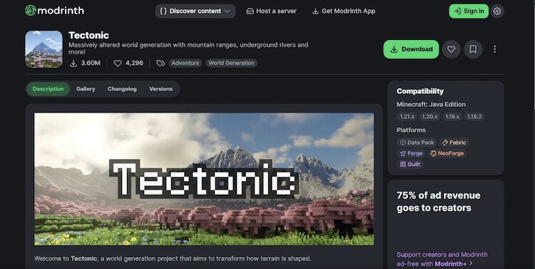 ماد Tectonic را می‌توان از سایت Modrinth دانلود کرد.